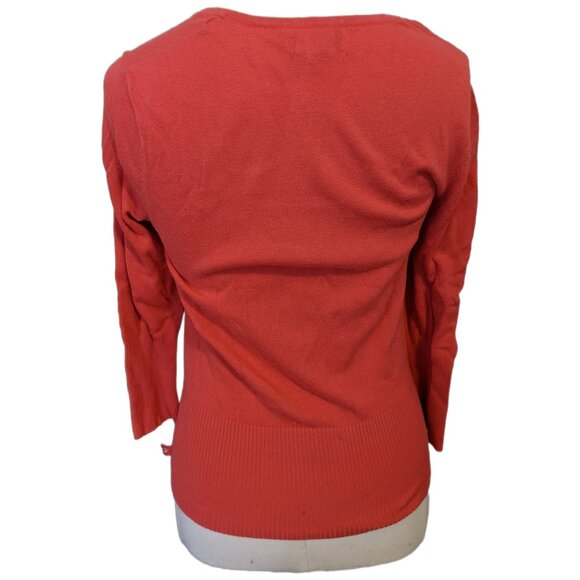 Vintage Y2K Scoop Neck Coral Sweater Minimalist 3/4 Sleeve Fall Ribbed Orange M - Picture 7 of 11